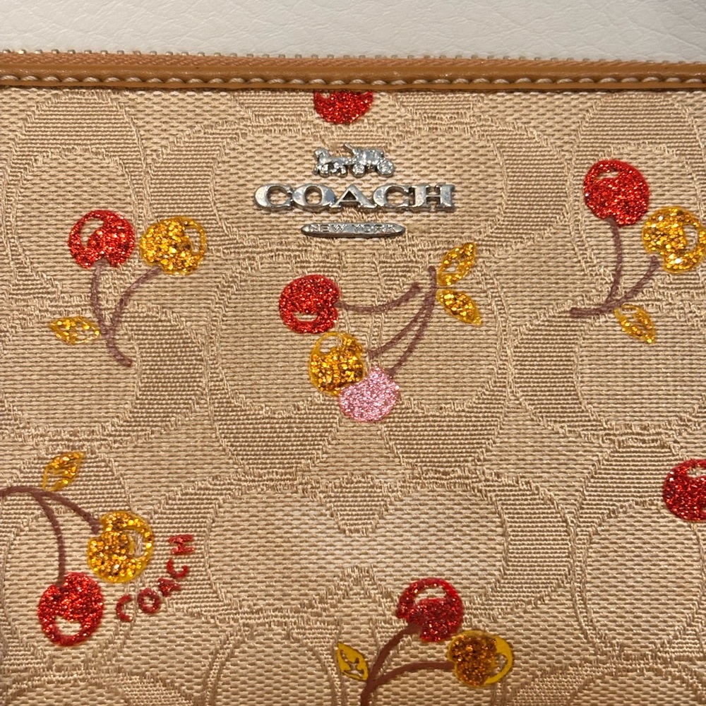 COACH Glitter Cherry Print Signature Jacquard Accordion Zip Wallet - Picture 2 of 16